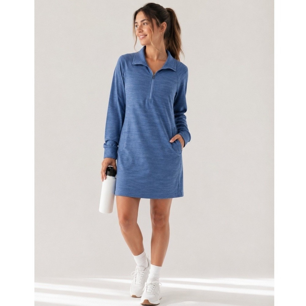 Toad&Co Intermosso Zip Dress Women Medium Blue Quarter Zip Long Sleeve Pockets